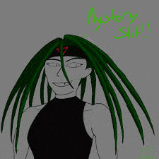 a drawing of a man with green hair and a black shirt .
