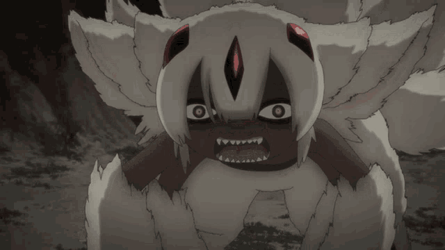 a close up of a cartoon character with red horns and white hair