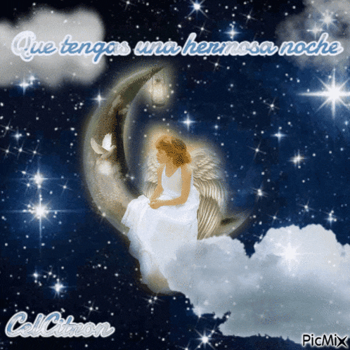 a picture of an angel sitting on a crescent moon with the words que tengas una hermosa noche