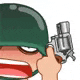 a cartoon soldier is holding a gun in his hand and wearing a helmet .