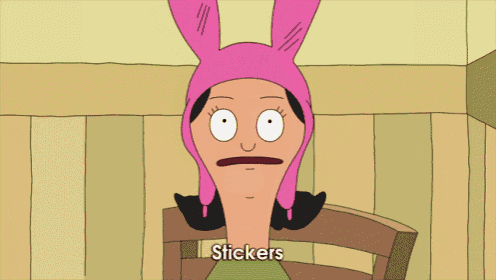 a cartoon character with a pink hat and the word stickers on her face