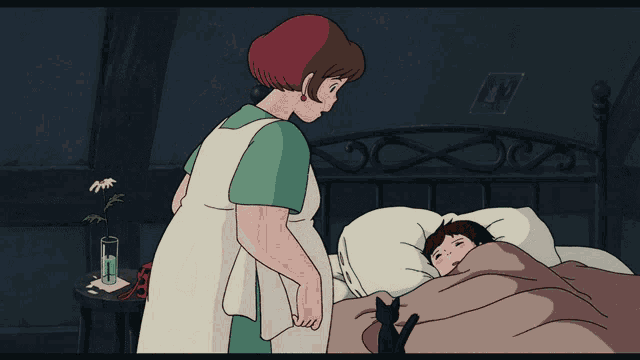 a woman standing next to a child in a bed with a black cat