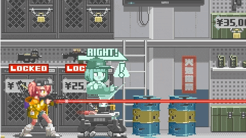 a pixel art drawing of a girl holding a gun with a sign that says right