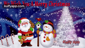 a christmas card with santa claus and a snowman and the words " we wish you a merry christmas "