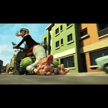 a cartoon character riding a green scooter with the word scooter on it