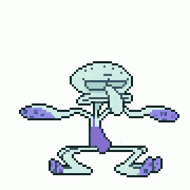 squidward from spongebob squarepants is wearing a purple sarong and holding a sword .