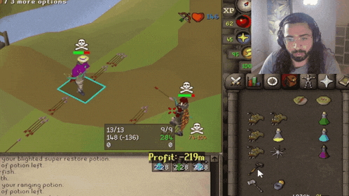 a man playing a video game with a skull and crossbones on his screen