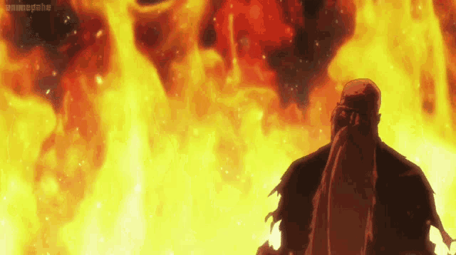 a man is standing in front of a fire with the word animegame visible