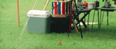 a cooler is sitting on top of a lush green field next to a table .