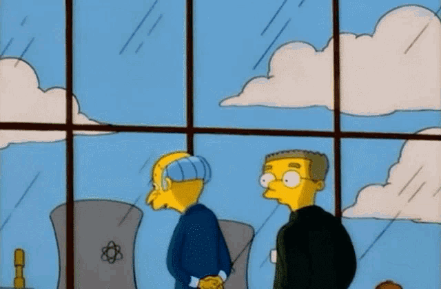 two cartoon characters standing in front of a window