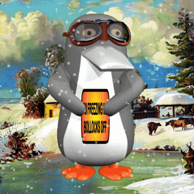 a penguin wearing goggles and holding a cell phone that says " freezing bollocks off "
