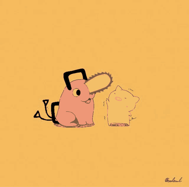 a cartoon drawing of a pig holding a chainsaw next to a devil