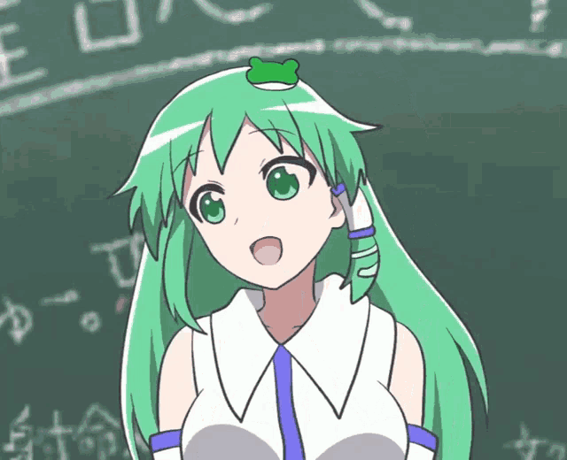 a girl with green hair stands in front of a blackboard