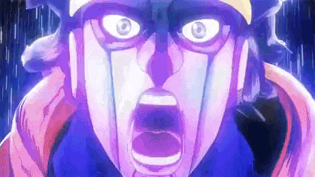 a close up of a cartoon character 's face with a purple background and a hat .