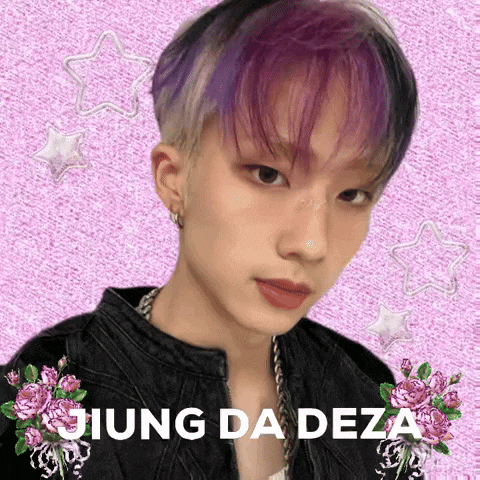 a young man with purple hair has the name jiung da deza on the bottom