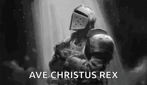 a black and white painting of a knight with the words `` ave christus rex '' written on the bottom .