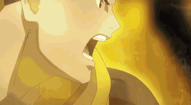 a close up of a man 's face with his mouth open and a yellow background .