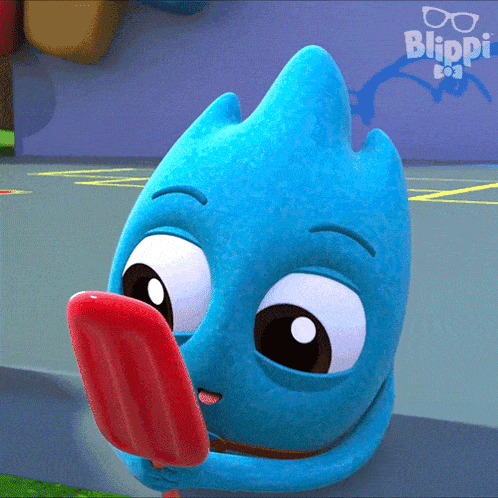 a blue cartoon character is eating a red popsicle with the word blippi behind him