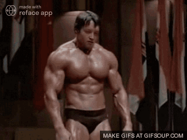 a gif of arnold schwarzenegger flexing his muscles is made with reface app