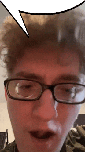 a close up of a person wearing glasses with a speech bubble above their head