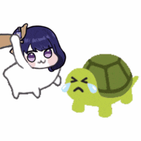 a cartoon drawing of a girl kicking a green turtle