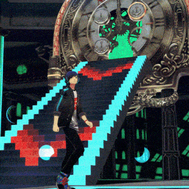 a man walking up a set of stairs in front of a clock that says ' clock ' on it