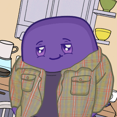 a purple cartoon character wearing a plaid shirt with a smile on his face