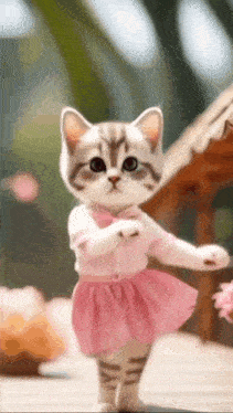 a cat is wearing a pink dress and a pink shirt .