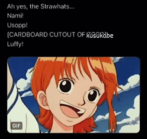 a gif of nami from one piece with the caption ah yes the strawhats nami