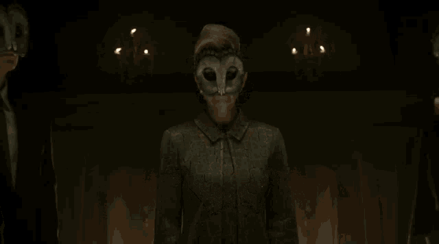 a woman wearing an owl mask with the words gotham must fall above her