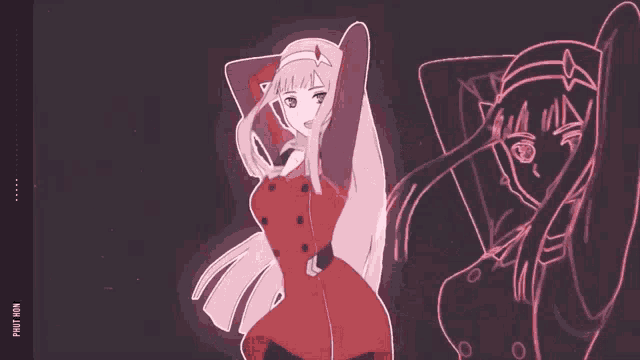 a drawing of a girl with long hair and a red dress standing next to another girl .