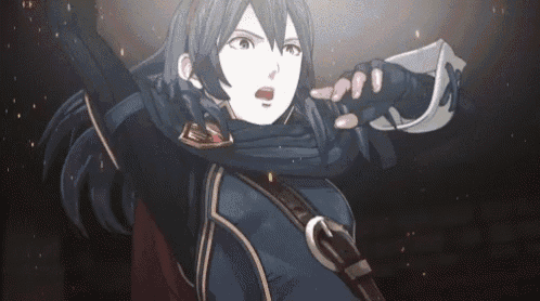a female anime character is holding a sword in her hand and looking at the camera .