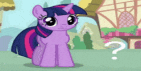 twilight sparkle is a purple pony from my little pony standing in front of a building with a question mark .