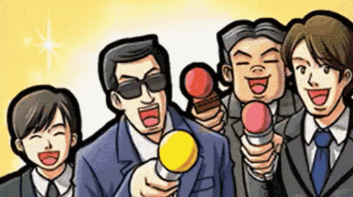 a group of people in suits and ties holding microphones