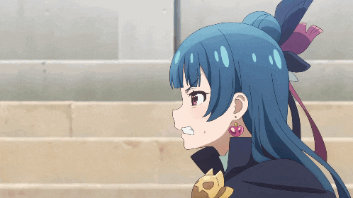 a blue haired anime girl with a red heart shaped earring