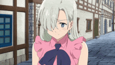 a girl with white hair is wearing a pink shirt and a blue tie