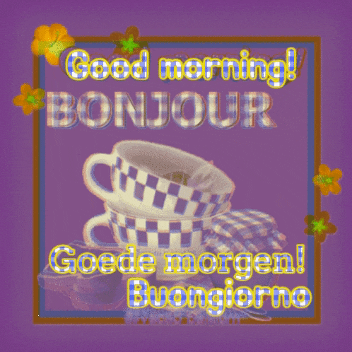 a purple background with two cups of coffee and the words " good morning bonjour "
