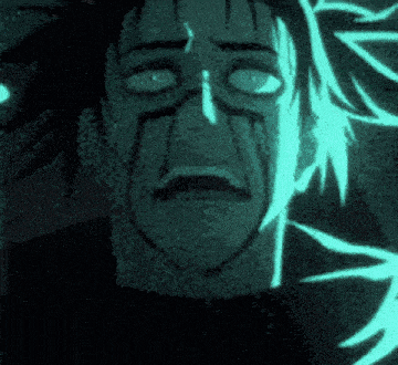 a close up of a cartoon character 's face with a green light behind it