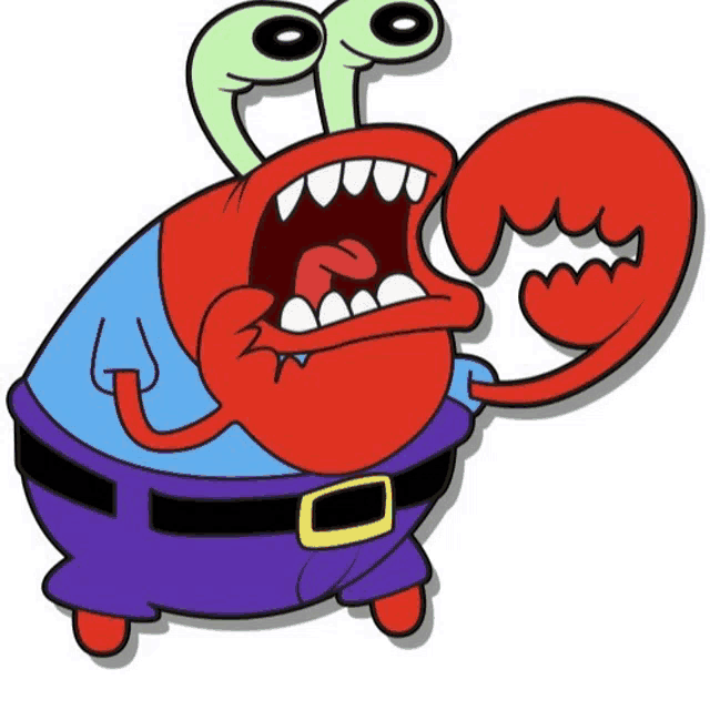a cartoon of a crab with green eyes and a belt