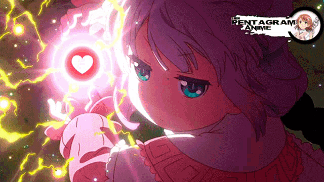 a girl with purple hair and blue eyes is holding a heart shaped object in her hand ..