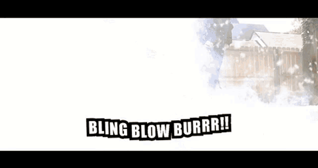 a person is standing in front of a wooden fence in the snow with the words bling blow burrr !