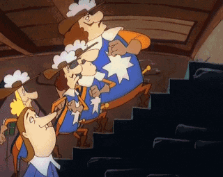 a group of cartoon characters are standing next to each other on a set of stairs