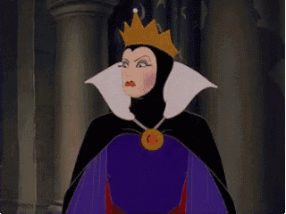 the evil queen from snow white and the seven dwarfs is wearing a crown and a cape .