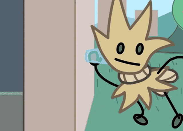 a cartoon character with a leaf on its head is holding a bottle of water .