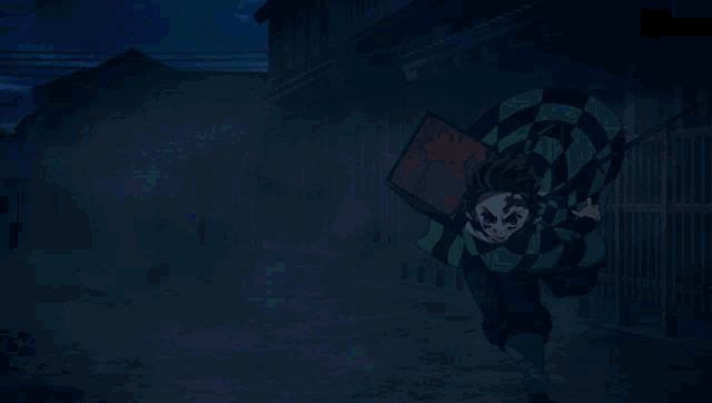 a cartoon character is holding a sword and a box on his back