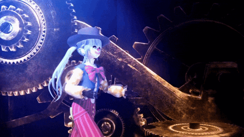 a girl in a pink dress is standing in front of a machine