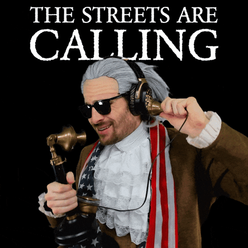 a man wearing sunglasses and headphones is holding a telephone with the words the streets are calling behind him