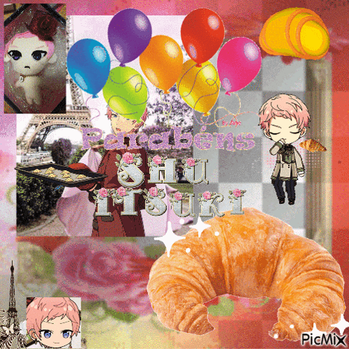 a collage with balloons and a croissant says picmix on the bottom