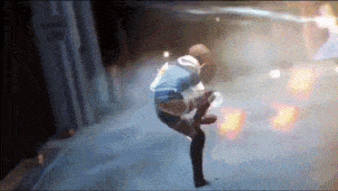 a person in a blue jacket is standing on one leg in a video game