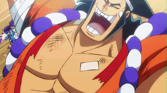 a cartoon of a man with a purple and white necklace around his neck